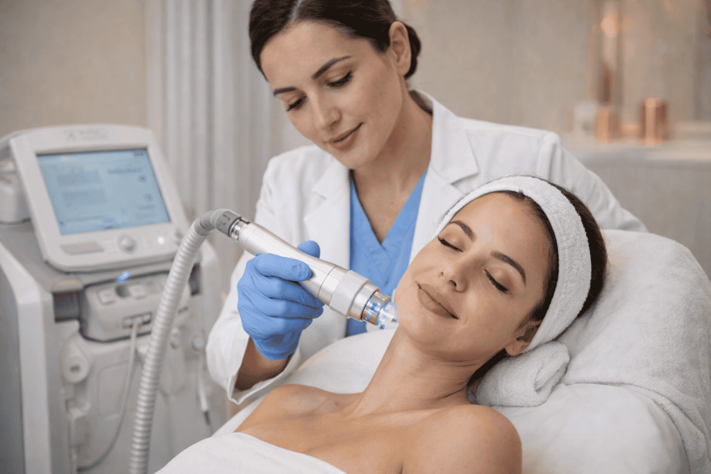 Female dermatologist performing professional skin treatment in Dubai clinic