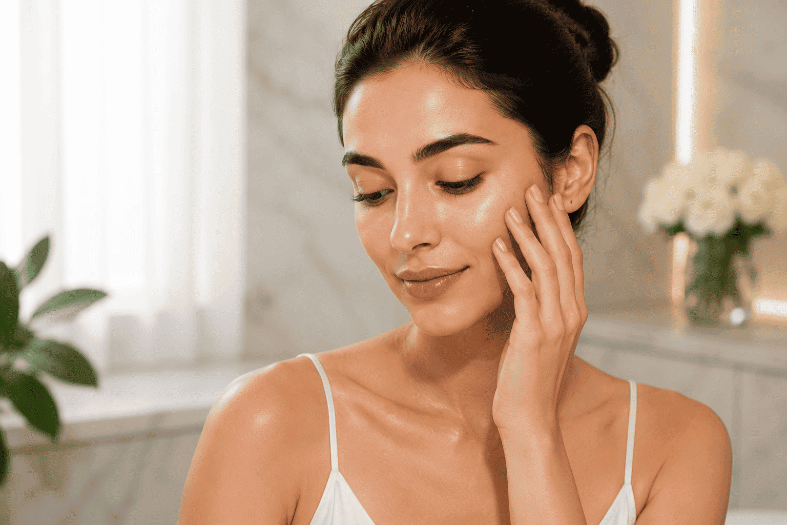 Woman with healthy balanced oily skin following a professional skincare routine in Dubai