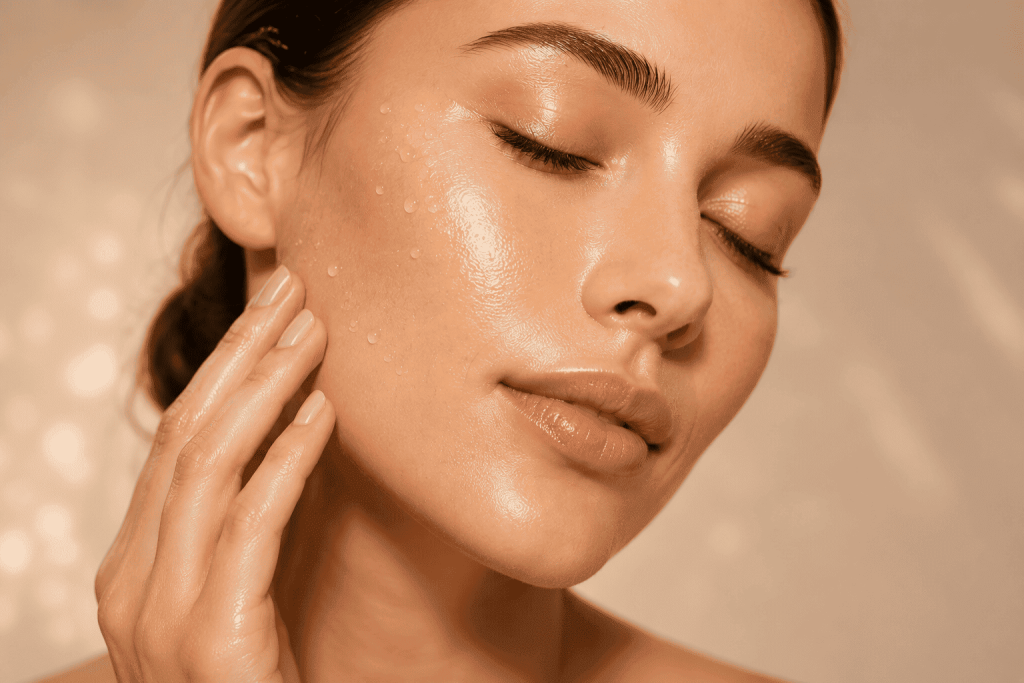 Close-up of hydrated glowing skin showing a healthy skin barrier and moisture retention