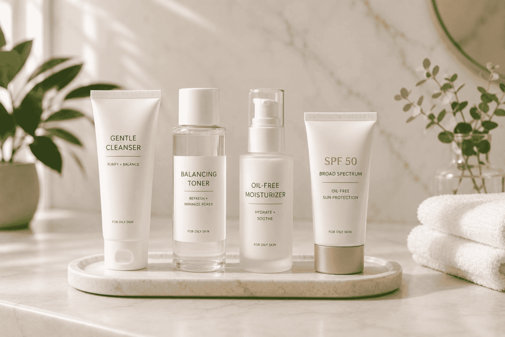 Skincare routine for oily skin in Dubai with cleanser, toner, moisturizer and SPF