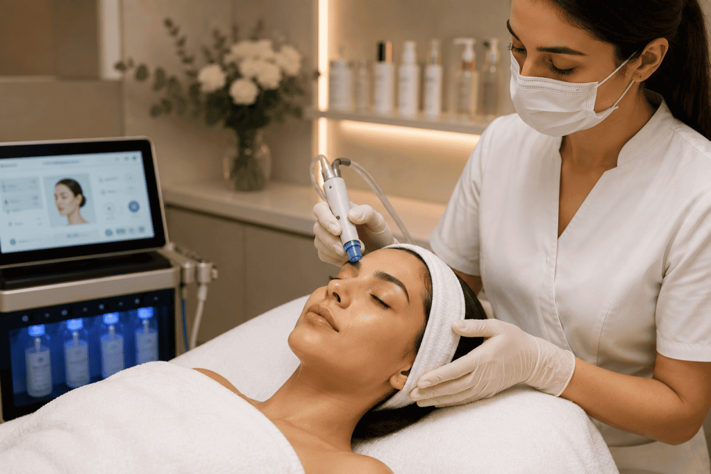 Professional facial treatment for oily and congested skin at a luxury aesthetic clinic in Dubai