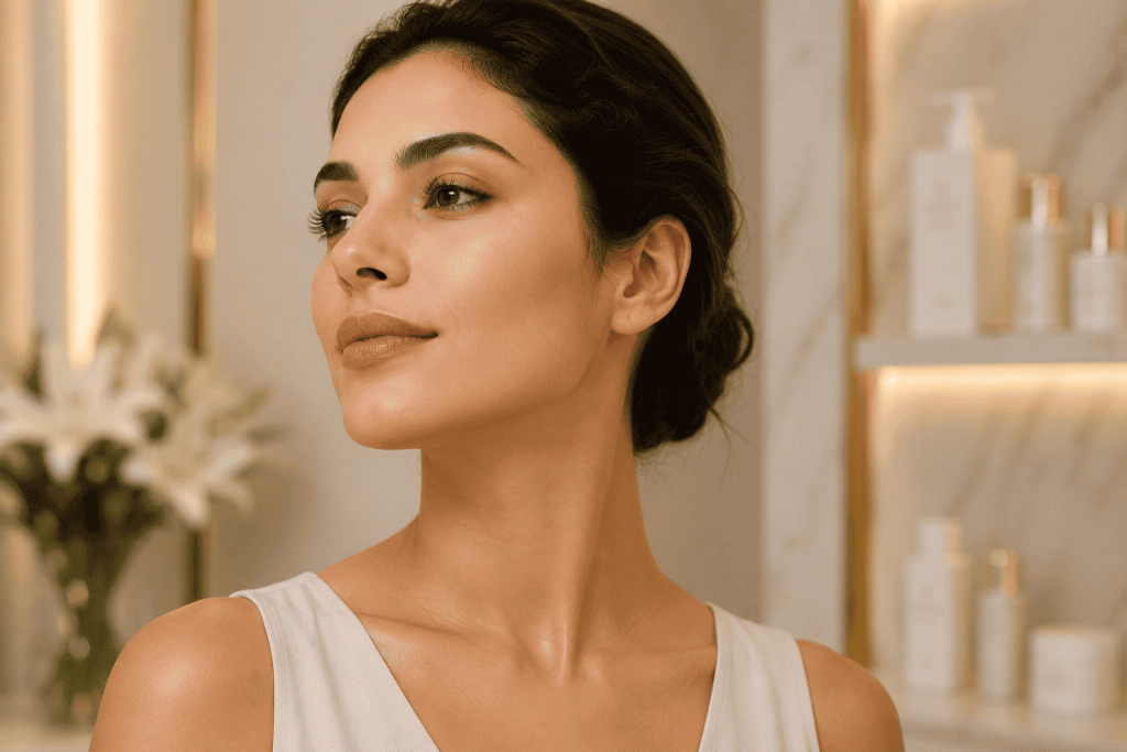 Natural facial lifting and skin tightening after a professional thread lift treatment in Dubai