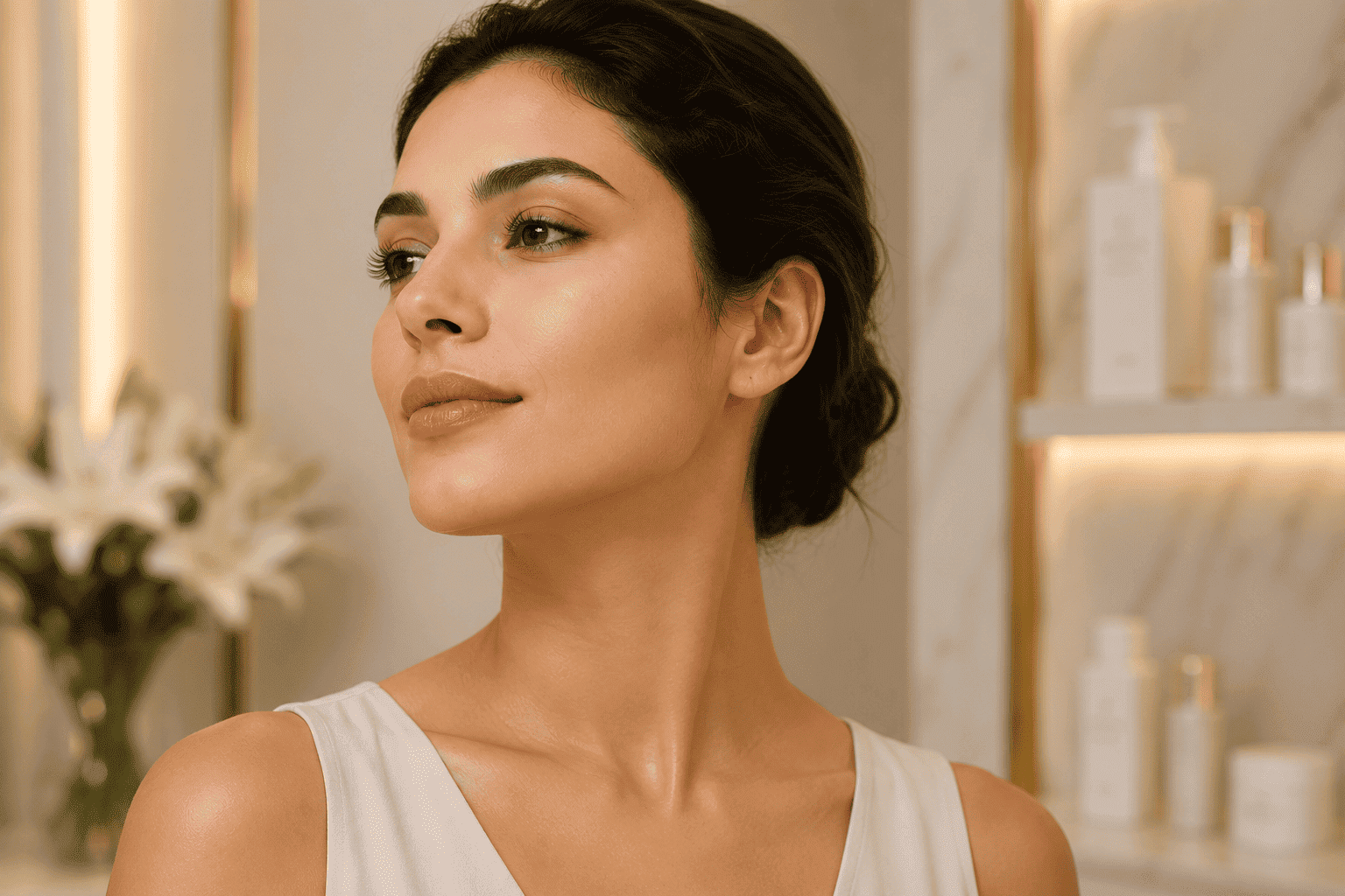 Natural facial lifting and skin tightening after a professional thread lift treatment in Dubai