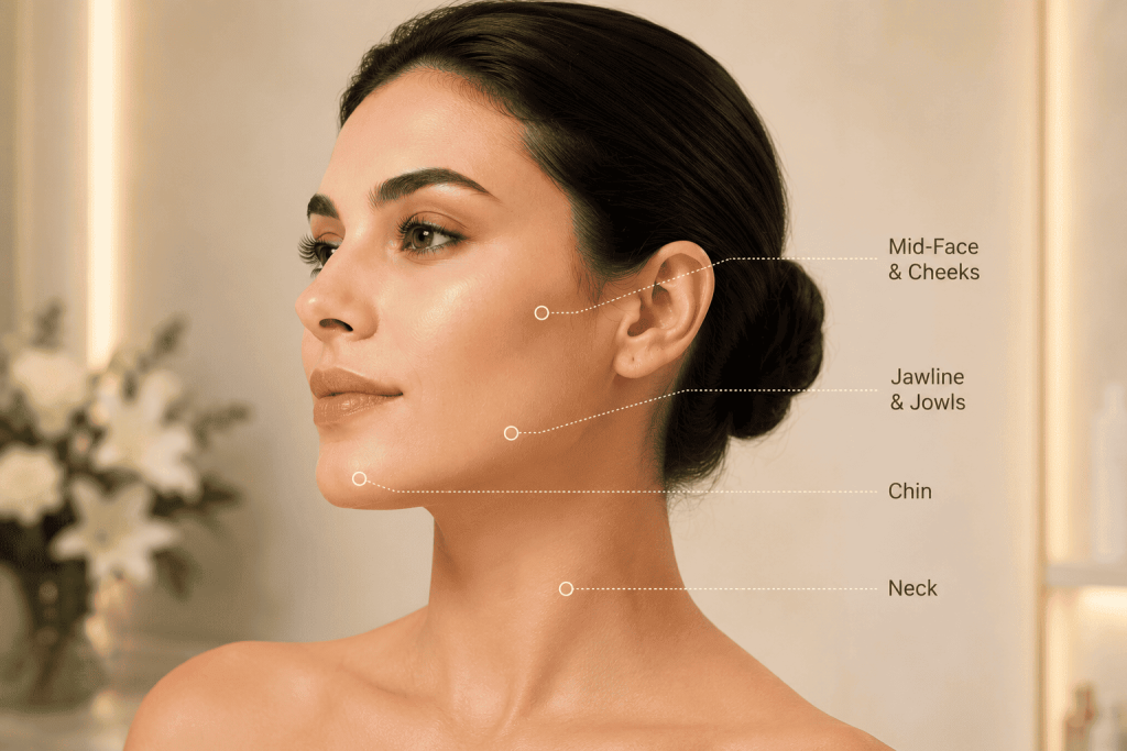 Facial areas commonly treated with thread lift including cheeks jawline chin and neck