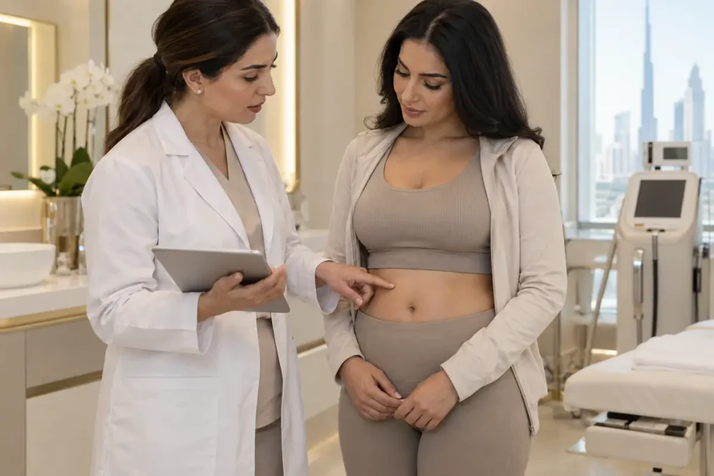 Endolift body contouring consultation for localized abdominal fat in Dubai