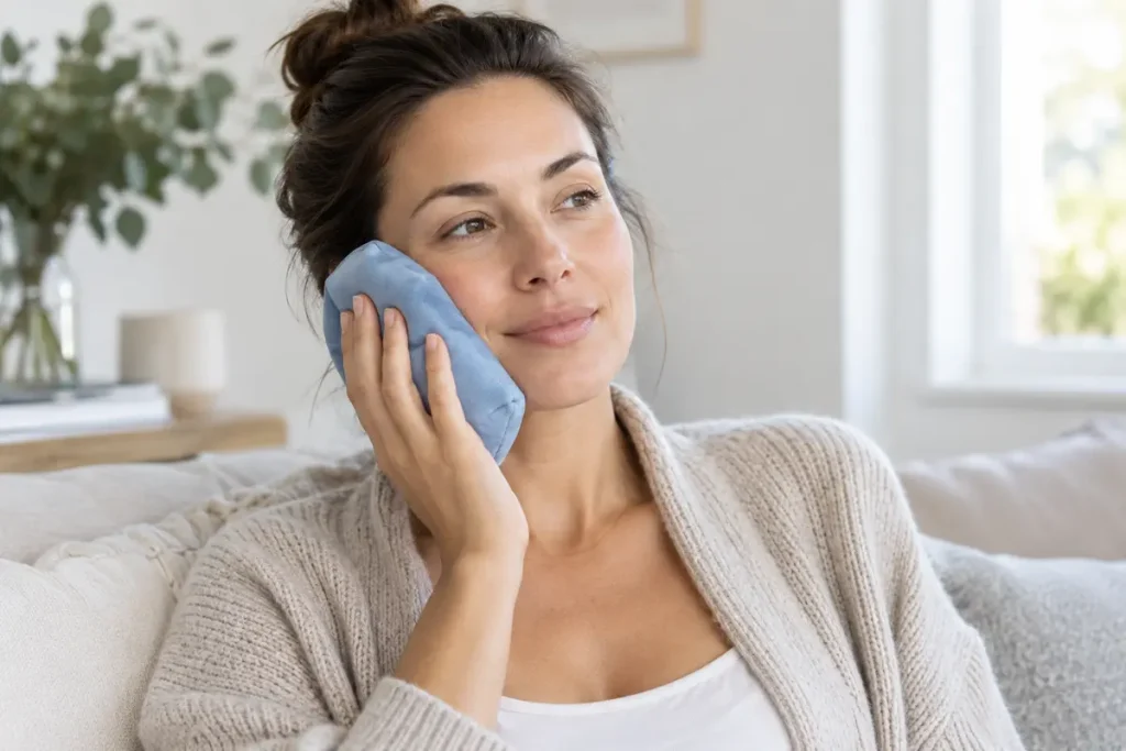 Woman applying a cool compress after filler dissolving treatment
