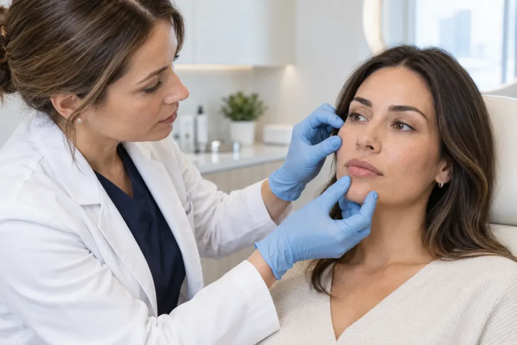 Filler Dissolving in Dubai – facial assessment before hyaluronidase treatment
