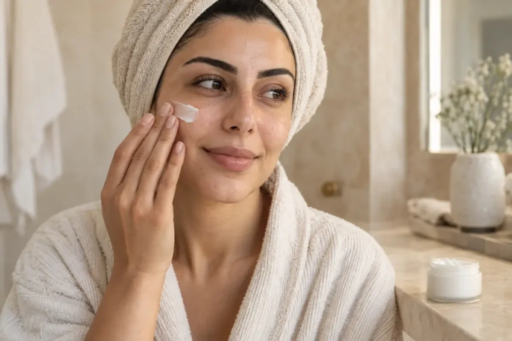 Woman applying a gentle moisturizer for sensitive skin