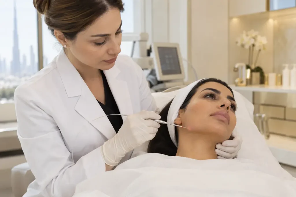 Doctor performing Endolift laser treatment along the jawline