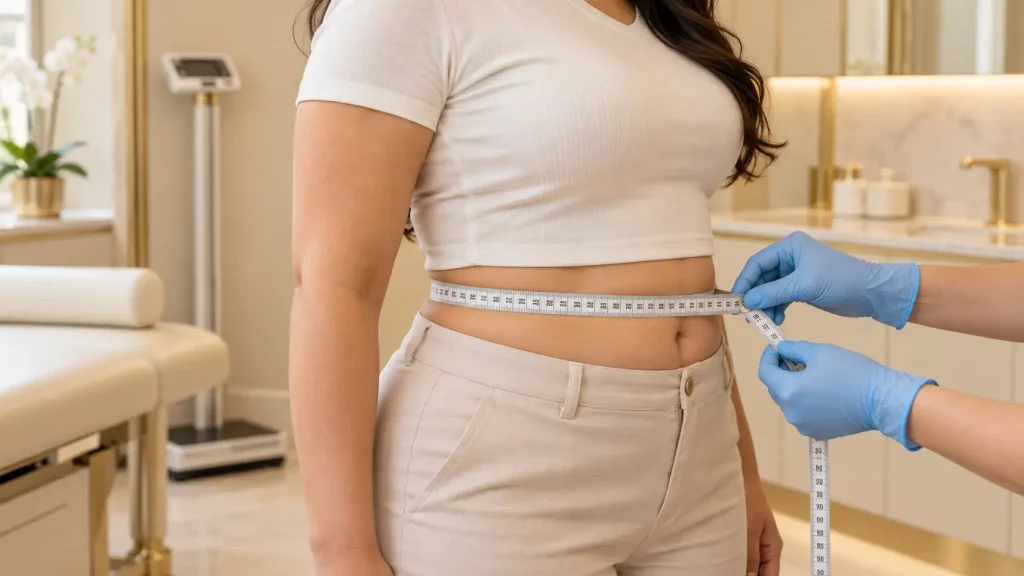 Waist measurement during a non-surgical weight loss assessment in Dubai