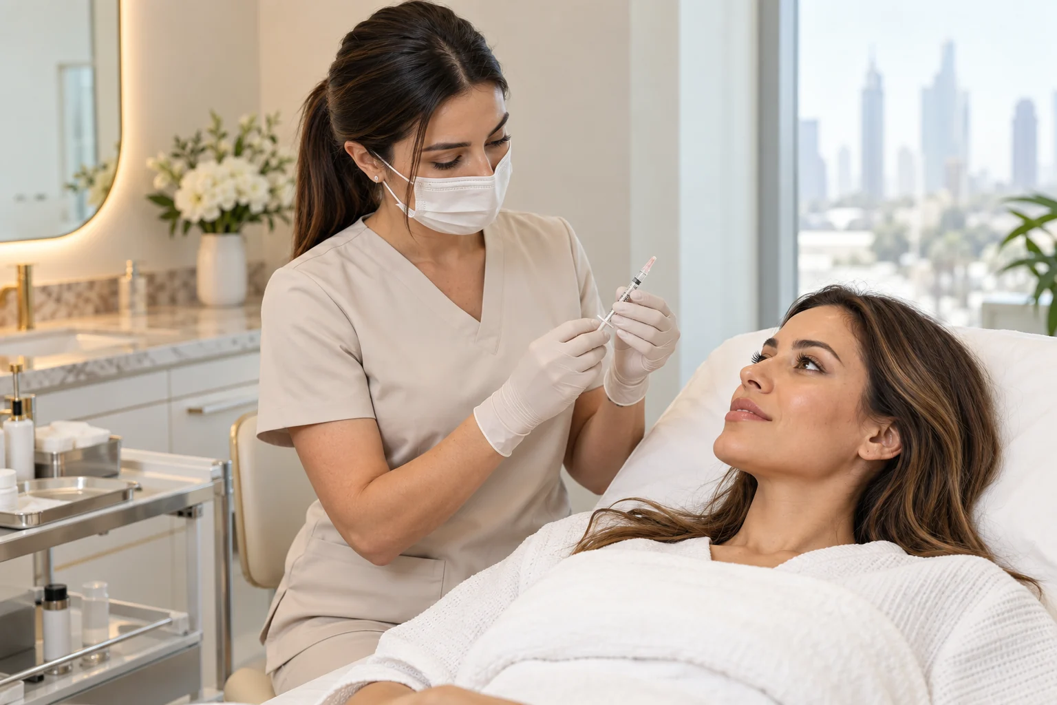 Woman reviewing her skin with a clinician before a salmon DNA skin booster consultation