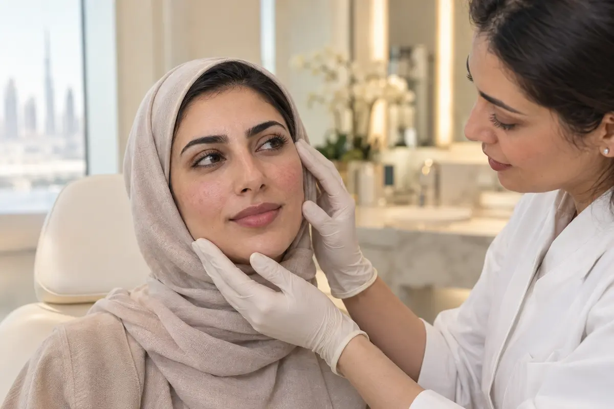 Dermatologist assessing a patient with sensitive skin in Dubai