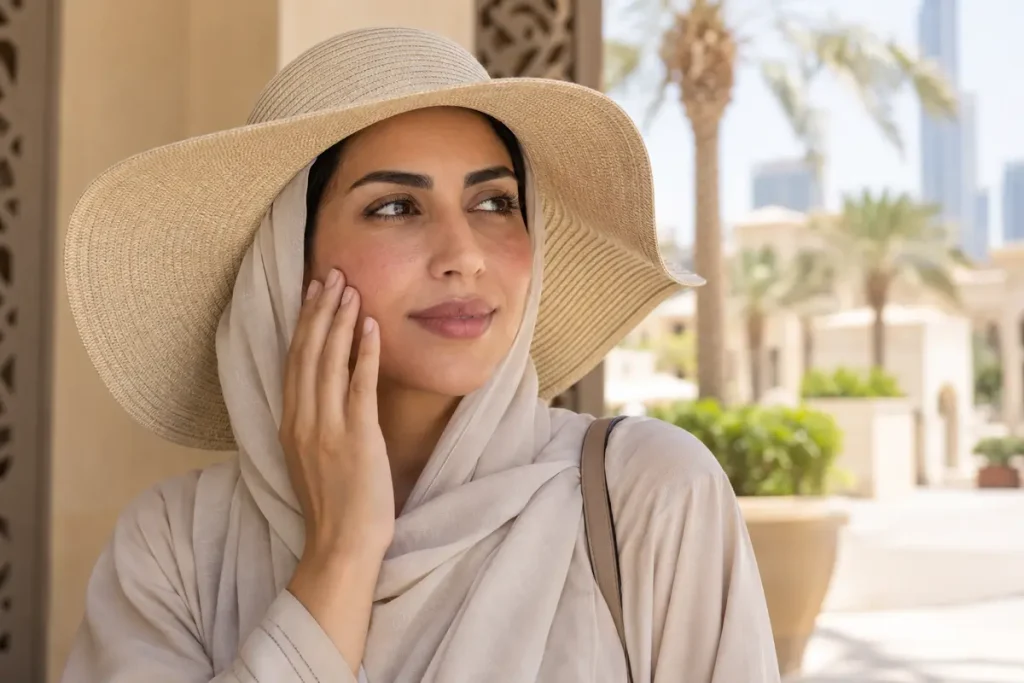 Woman protecting sensitive skin from Dubai heat and sun
