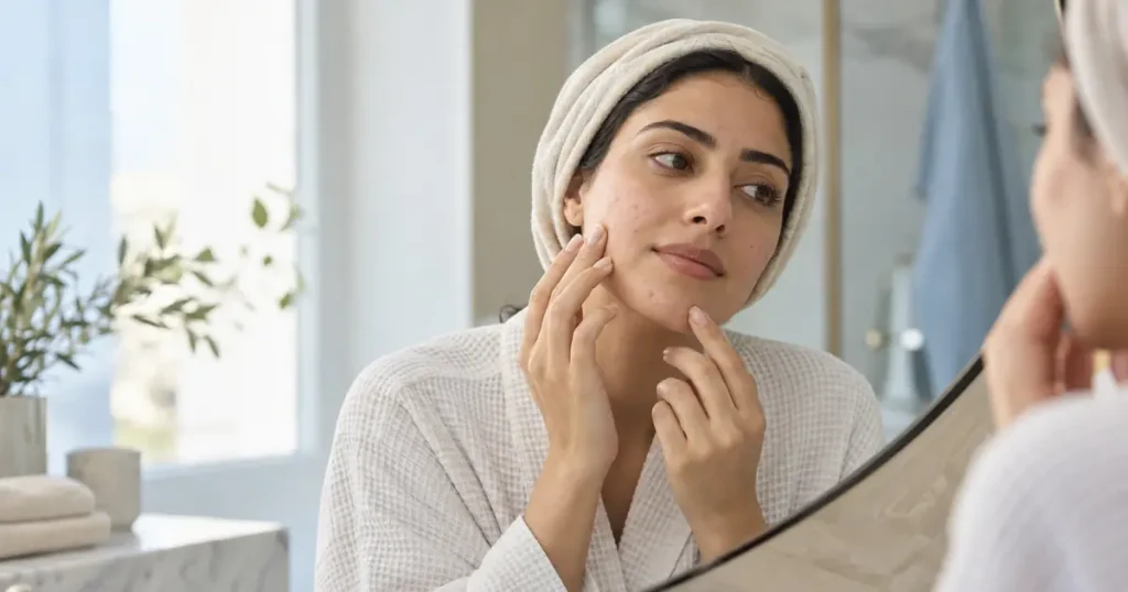 Woman examining possible skin purging spots on her cheek and chin