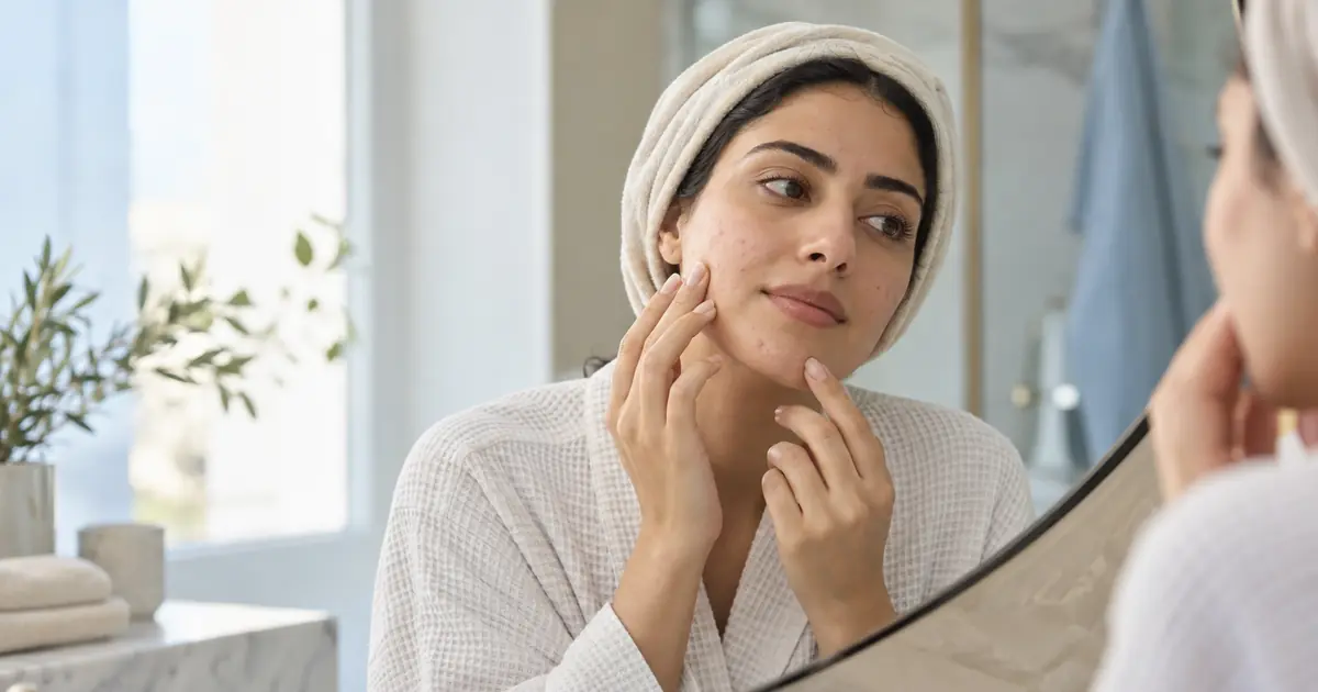 Woman examining possible skin purging spots on her cheek and chin