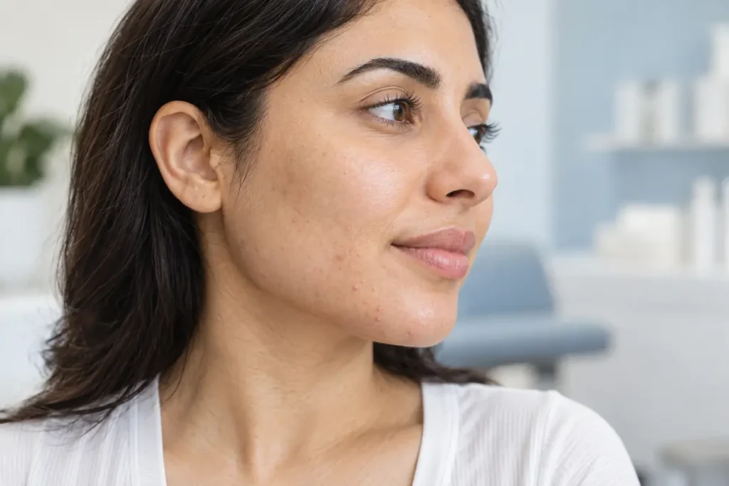 Close-up of mild skin purging spots on the lower cheek and chin
