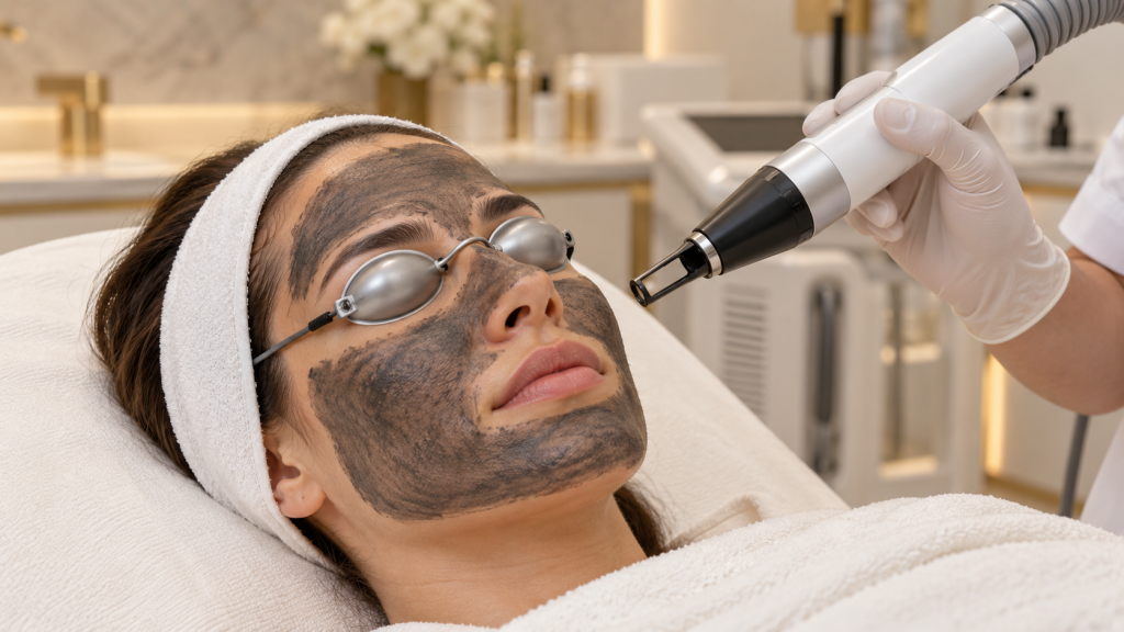 Carbon laser facial in Dubai with a carbon mask, laser handpiece and protective eye shields