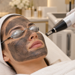 Carbon laser facial in Dubai with a carbon mask, laser handpiece and protective eye shields