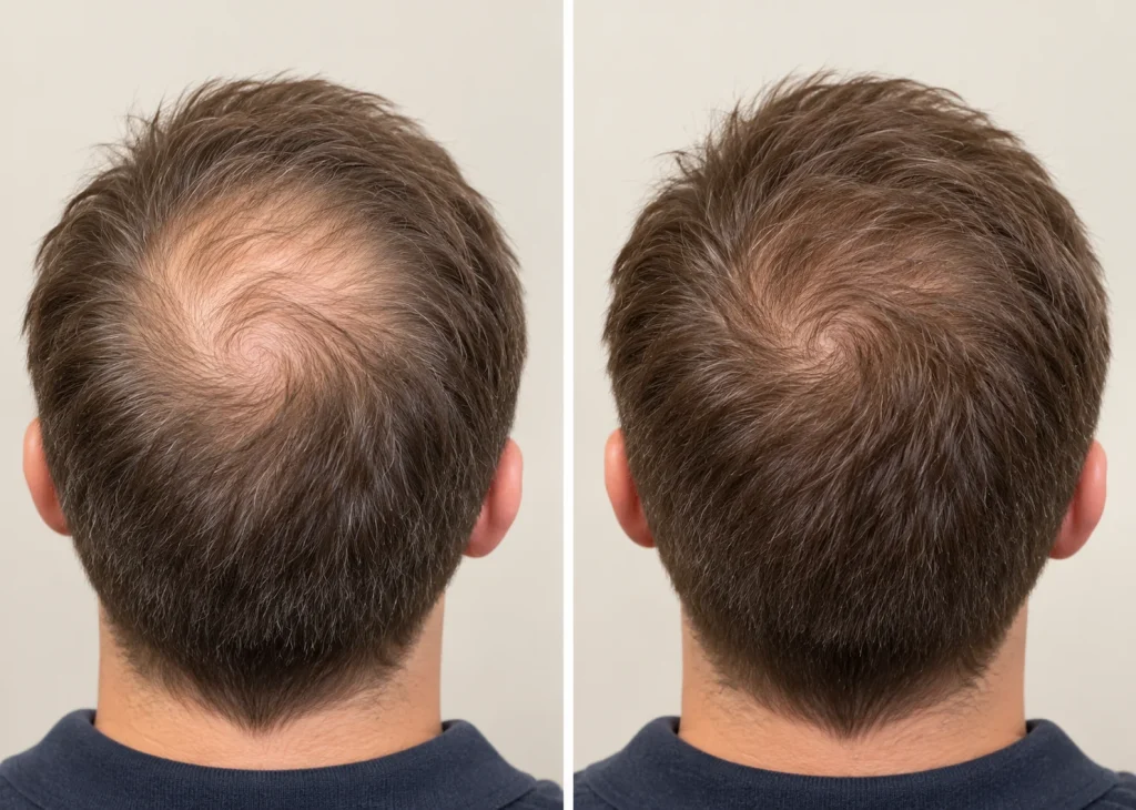 Illustrative comparison of crown hair density before a treatment plan and months later