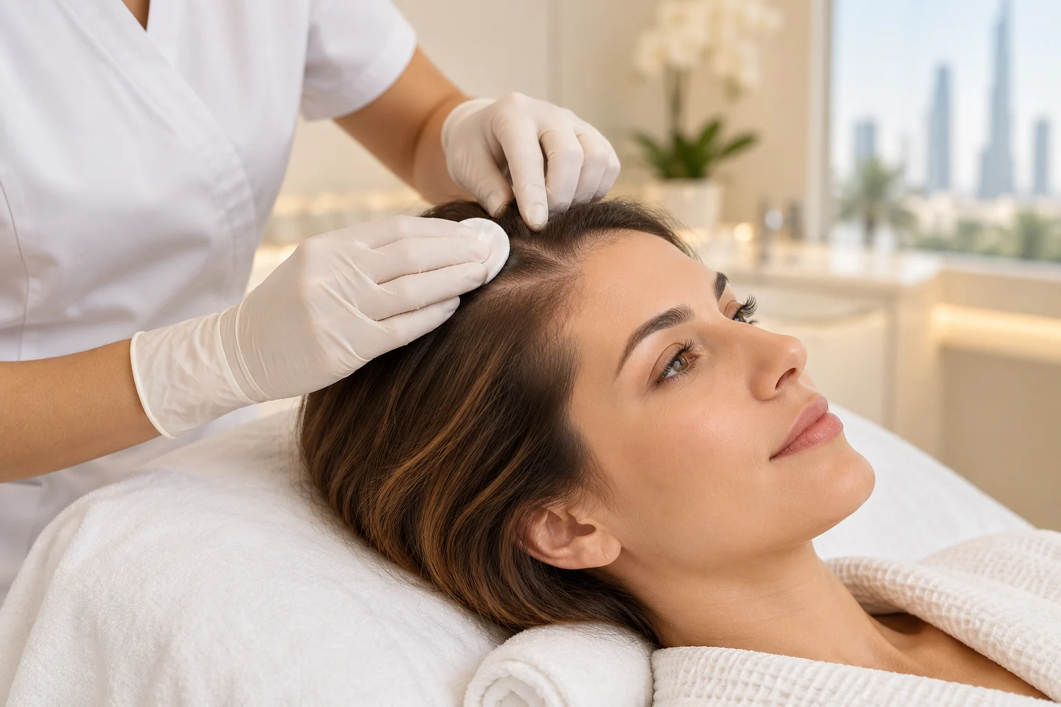 Woman receiving scalp preparation for hair loss treatment in Dubai