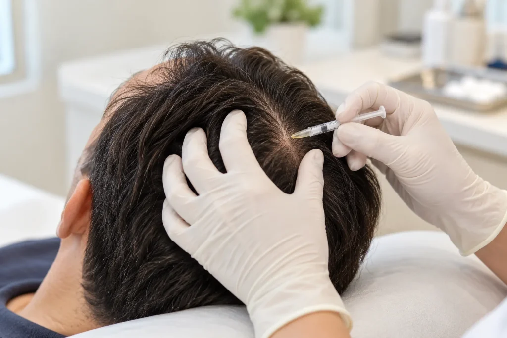 Clinician administering a scalp injection for hair loss in a clinic