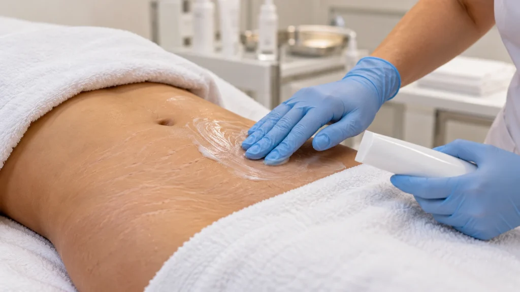 Gentle moisturiser application to abdominal skin after a stretch marks procedure