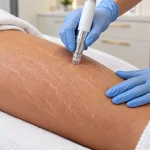Microneedling treatment for Stretch Marks Treatment in Dubaion the upper arm in a clinical setting