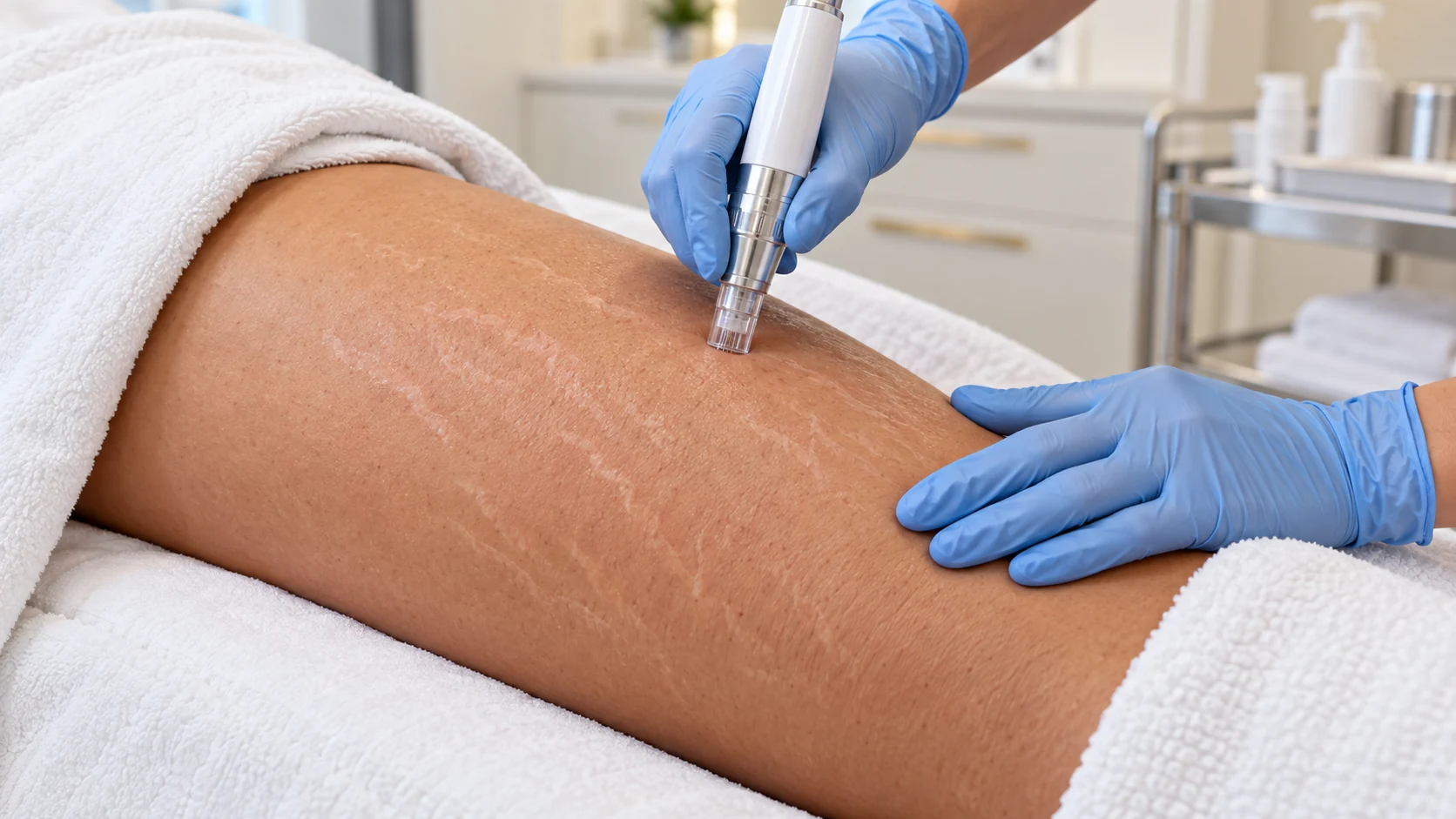 Microneedling treatment for Stretch Marks Treatment in Dubaion the upper arm in a clinical setting