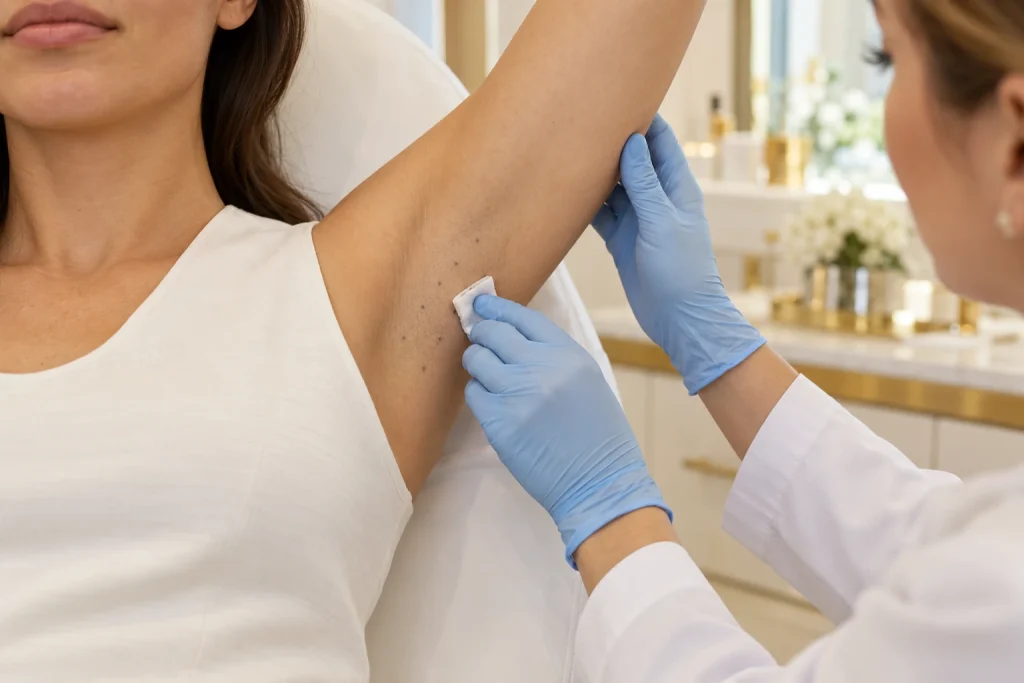 Clinician cleaning a marked underarm before Botox injections.